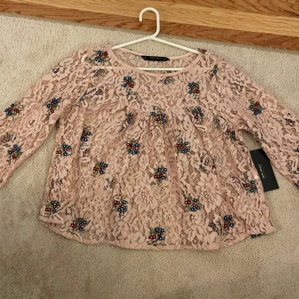 Zara Lace Blouse, Floral Embroidery, Size US Small